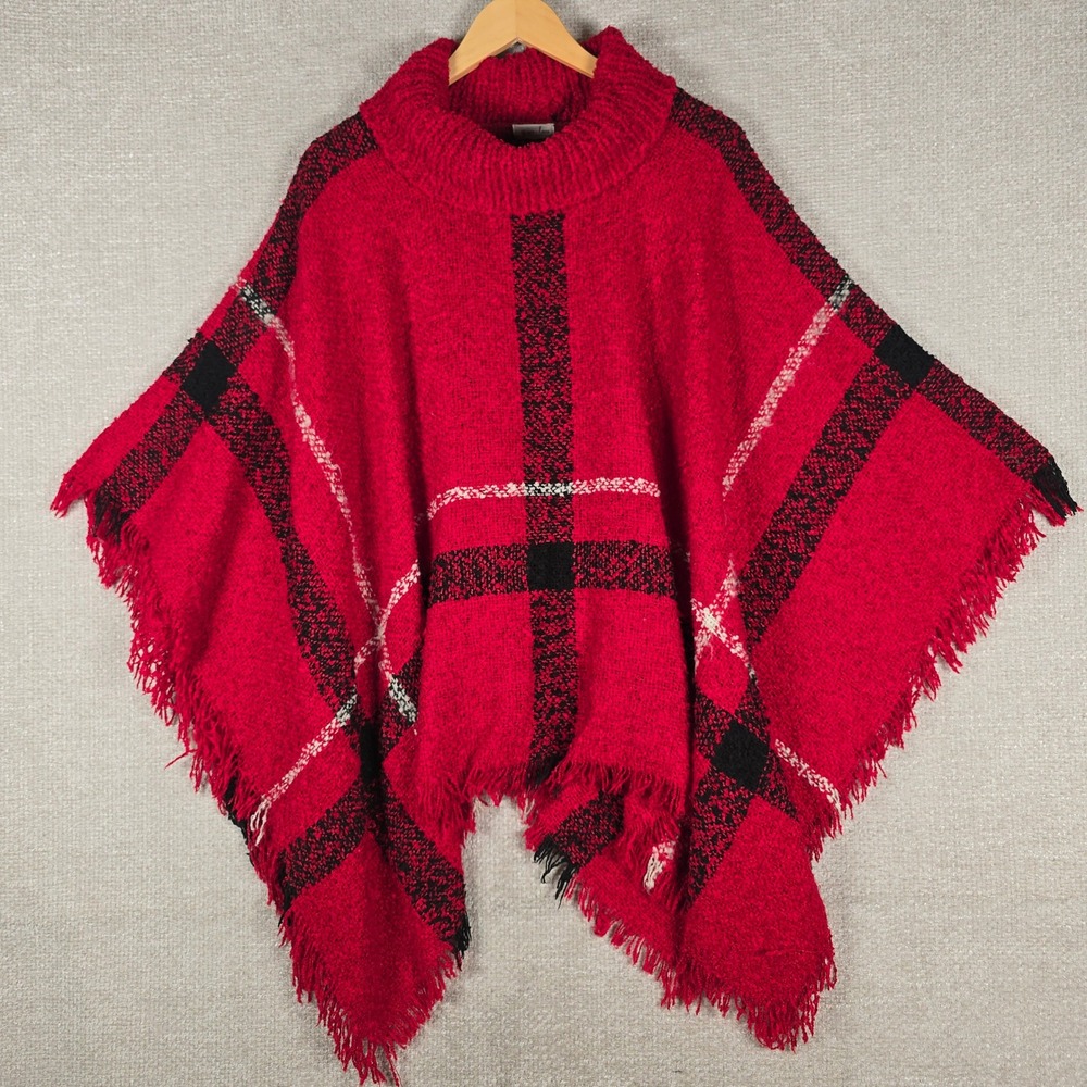 Grace & Lace Red Plaid Boucle Knit Mock Neck Fringe Poncho Wrap One Size